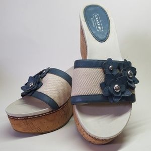 COACH Jesaca Cork Wedge Blue Tan Sandals
